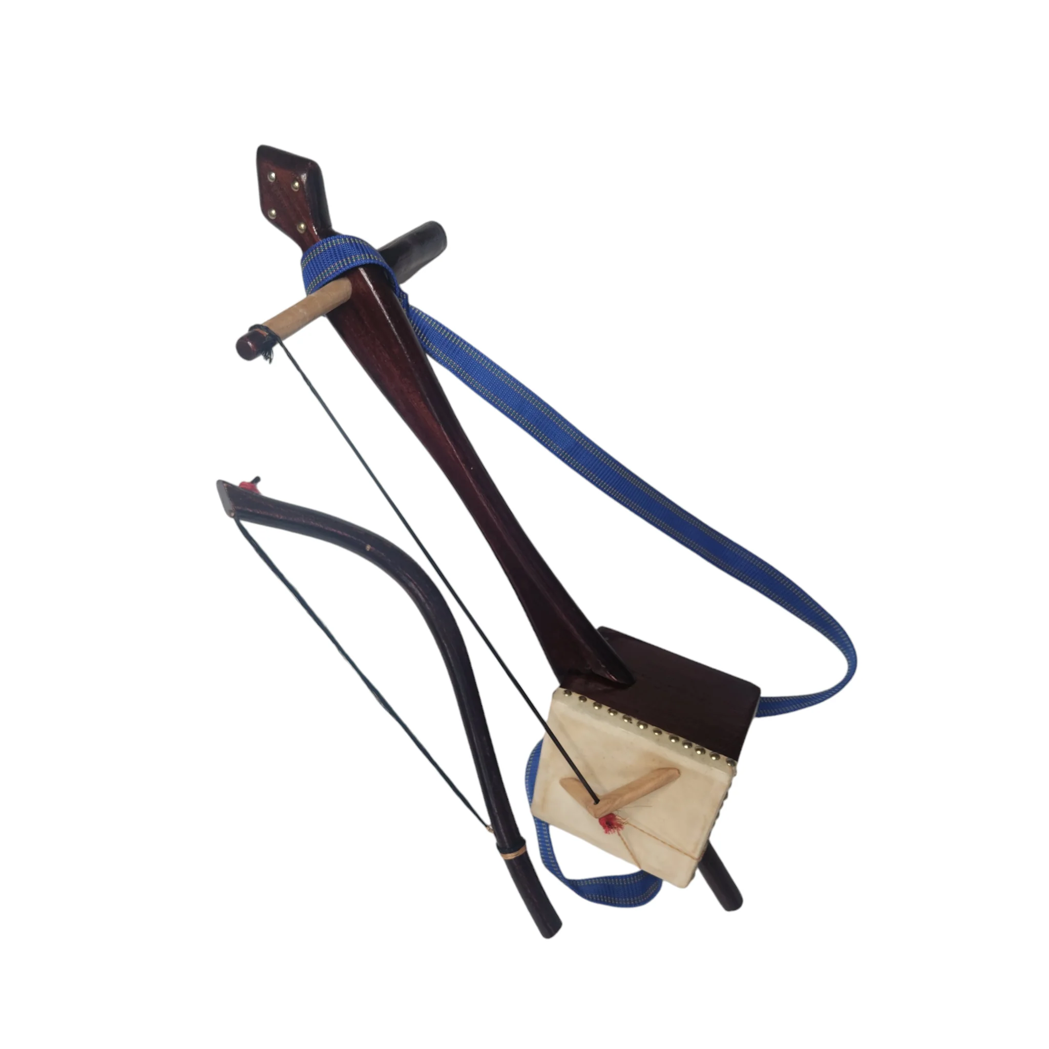 Professional Ethiopian Masinqo, a single-stringed bowed lute with diamond-shaped goat-skin soundbox and horsehair bow.